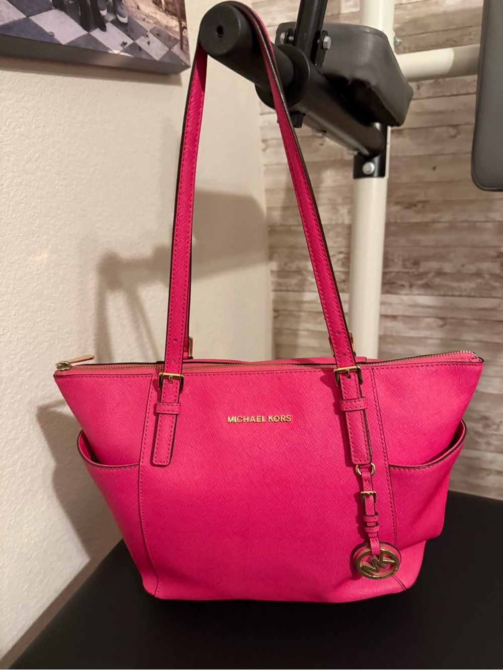 Michael Kors Fuchsia Saffiano Leather Tote with Gold Hardware